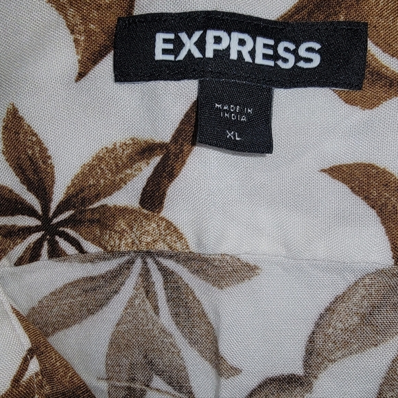 Express Brown and White Casual Button Down Shirt with Tropical Print - Picture 2 of 8